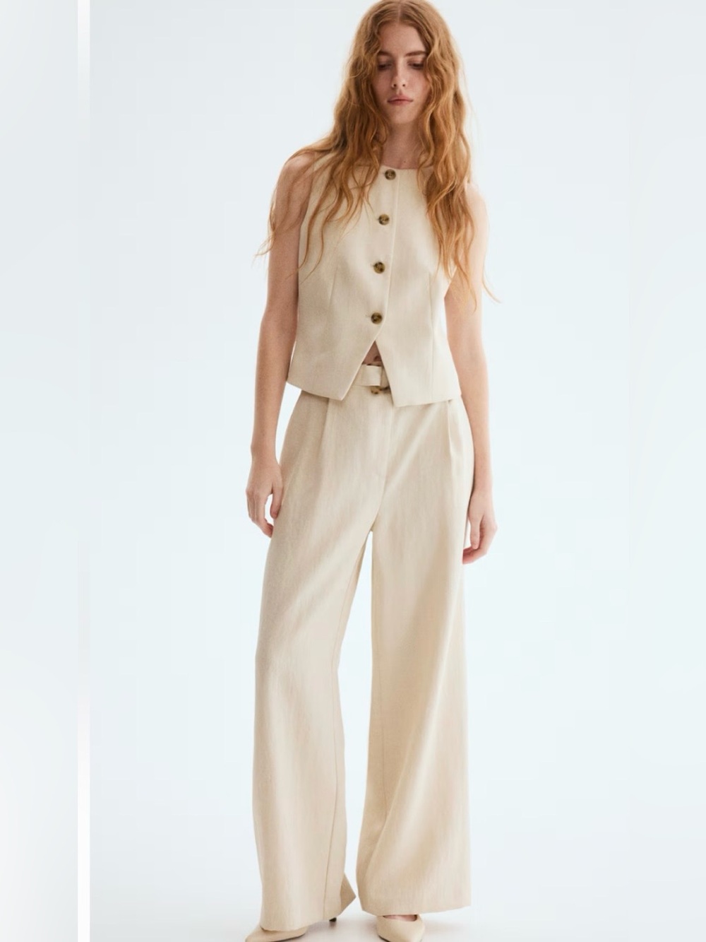 H&M | Women’s Eggshell White Wide Leg Pleat Front Pull On Belted Pants Size M